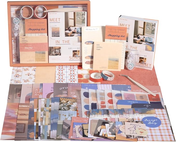 imoon Scrapbook Photo Album Supplies Kit with Tweezers and Glue Tape – Romantic Aesthetic Junk Journal Kit, Scrapbooking Paper, Sticker Pack, Notebook, DIY Craft, Gift for Adults (Sunset)