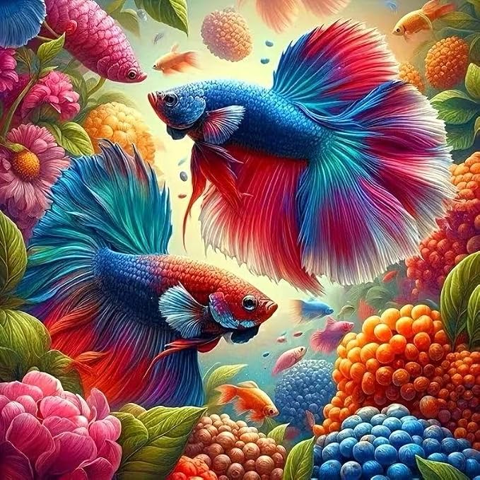 5D Fish Diamond Art Kits for Adult,Round Full Drill Wall Art 13.75x13.75In | DIY Diamond Painting Kits , Diamond Dots Gem Art Craft, Beginners Home Wall Decor