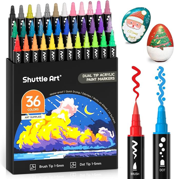 Shuttle Art 36 Colors Brush & Dot Tip Acrylic Paint Markers