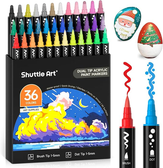 Shuttle Art 36 Colors Brush & Dot Tip Acrylic Paint Markers