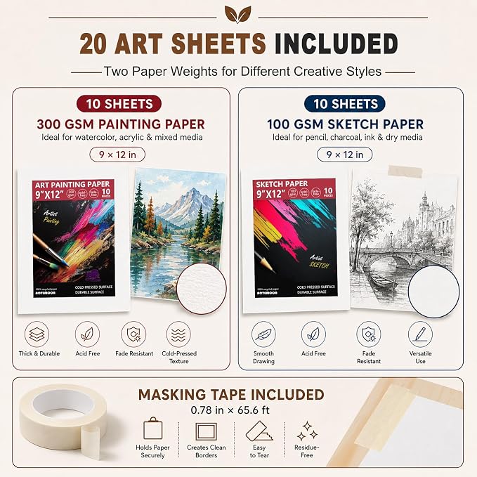 13.8"x11.4" Wooden Tabletop Easel with Paint & Sketch Papers, Masking Tape | Adjustable Art Easel Stand with 3 Angle Settings, Drawing Board for Canvas Painting, Sketching, Book Reading, Tablet Display