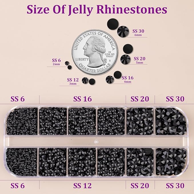 Resin Jelly Rhinestones for Crafting with B7000 Jewelry Glue, 1 Box Black Flatback Crystal with 3Pcs 10ml Glue, Bedazzling Non Hotfix Gems for DIY Tumblers Clothing Shoes Manicure