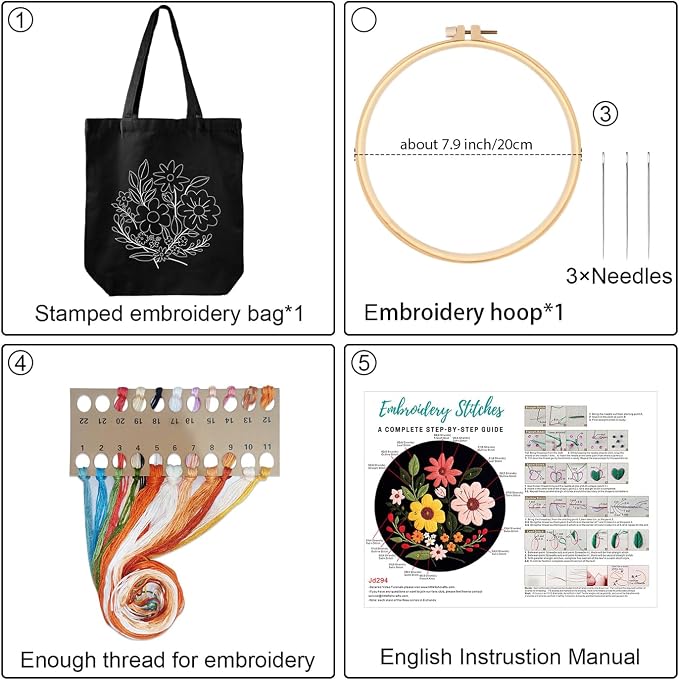 Louise Maelys Halloween Embroidery Kit Canvas Tote Bag with Flower Pattern