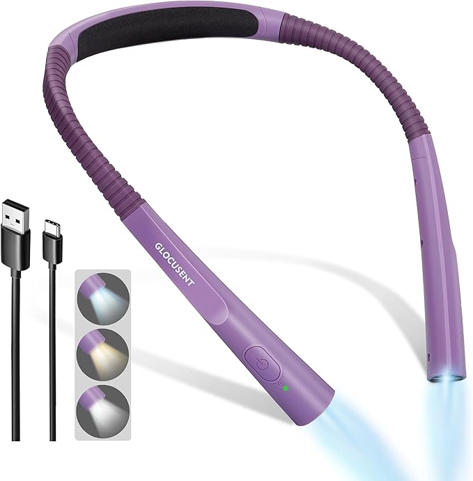 Glocusent Upgraded LED Neck Reading Light, Book Light for Reading in Bed | 30-min Timer, 3 Colors & 3 Brightness, Rechargeable, Eye-Caring Perfect for Women, Knitting,Crocheting, Repairing,Christmas