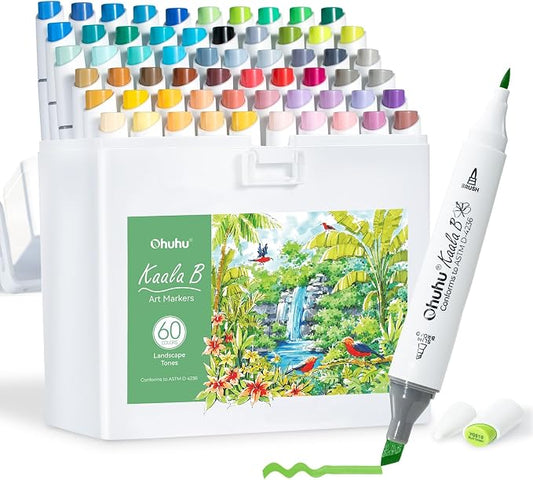 Ohuhu Alcohol Markers Mini Brush& Slim Borad 60 Colors for Adults Coloring | Dual Tips Art Marker Set for Artists Beginners Drawing Illustration, Landscape-tone Alcohol-based Refillable Ink, Kaala B