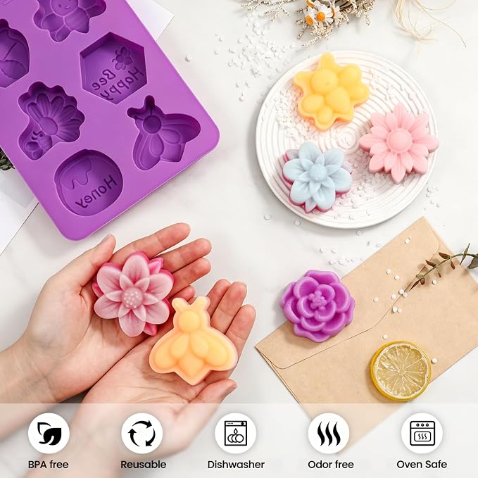 SJ Bee & Flower Silicone Mold Set, 2-Pack 6-Cavity Soap & Craft Molds | For Crafts, Soap Making, Plaster, Wax Melts & Resin, Food Grade Silicone, Easy Release, Reusable