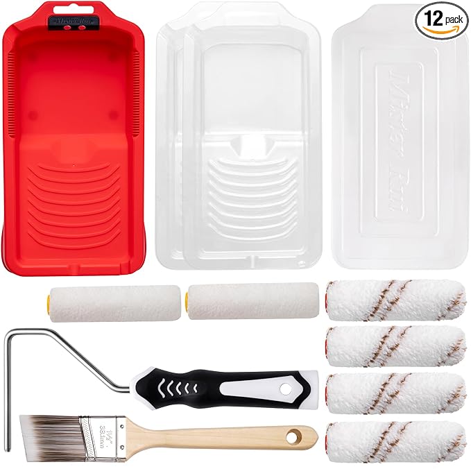 Mister Rui 4 Inch Mini Paint Roller Kit 12-Pc with Tray, Liners & Brush