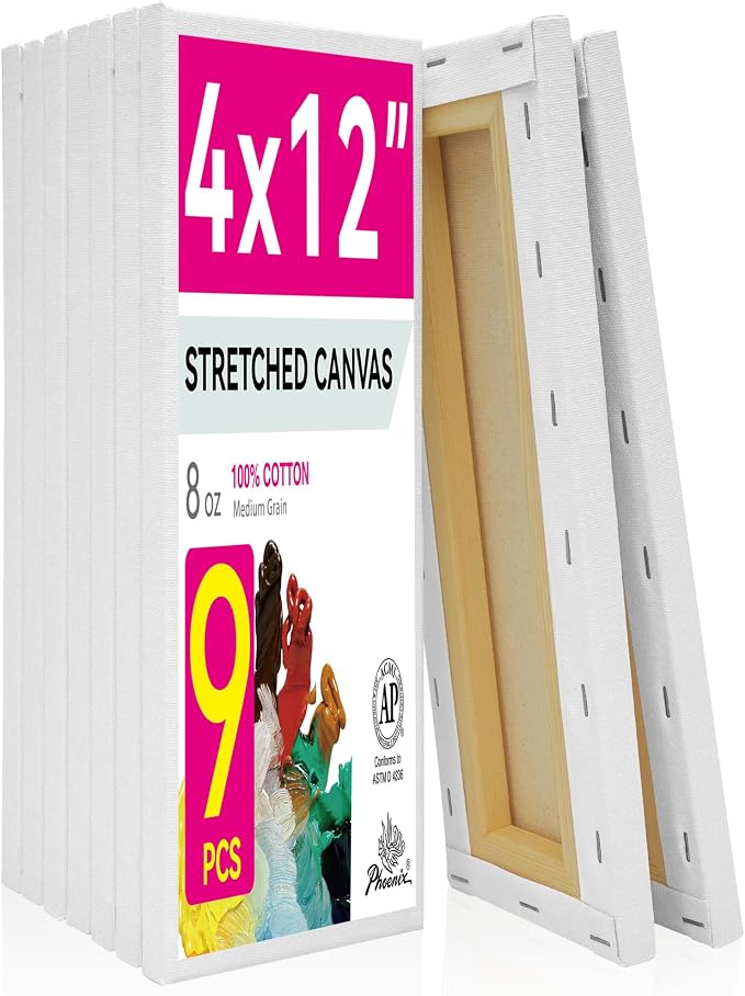 PHOENIX Skinny Stretched Canvas for Painting 4x12 Inch/9 Value Pack, 8 Oz Triple Primed 5/8 Inch Profile 100% Cotton White Blank Canvas, Rectangular Framed Canvas for Oil Acrylic & Pouring Art