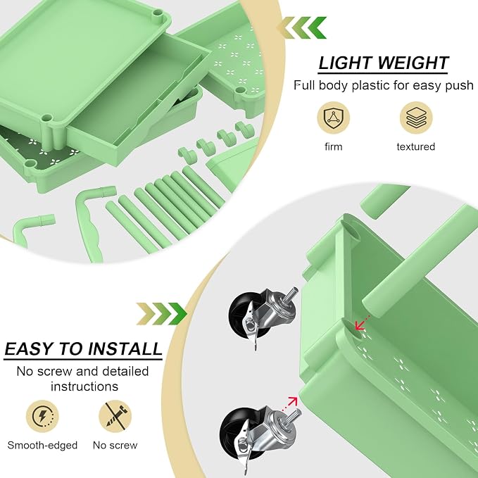 Goovilla 4 Tier Rolling Utility Cart Organizer with Removable Drawer, Green | Stable and Sturdy Rolling Storage Carts with 2 Lockable Wheels for Bathroom, Kitchen, Snack, Craft, Makeup, Baby Essentials