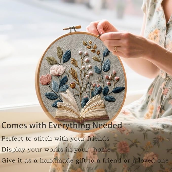 FONNUY Embroidery Kit for Beginners, Flower Book Pre-Stamped Pattern Kits for Adults with Hoop, Cross Stitch Easy to Follow Color Thread Needlework, 8'' Hoop (Brown)