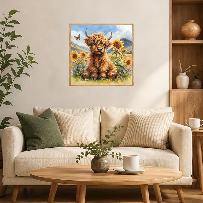 AUKELHJ Framed Paint by Numbers Kit for Adults, Highland Cow, 10x10 inch