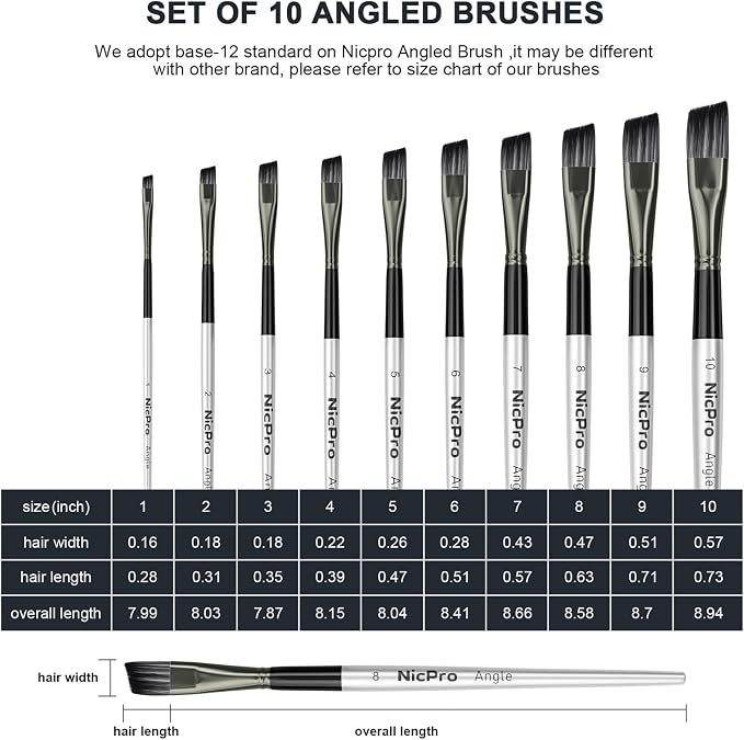 Nicpro 10 PCS Angular Paint Brush Set, Nylon Hair Angled Paint Brushes for Acrylic, Watercolor, Oil, Gouache, Craft, Detail Face Body Art Painting, Base Coating, Artist Paintbrush Kit for Kid & Adult