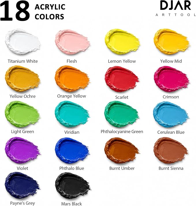 DJAR 18 Colors Acrylic Paint Set for Artists Beginners, 2 fl oz/250ml | Rich Pigments Colors Painting Supplies, Waterproof & Fast Dry, Works on Canvas, Rocks, Wood, Ceramic & Fabric, Safe Non-Toxic