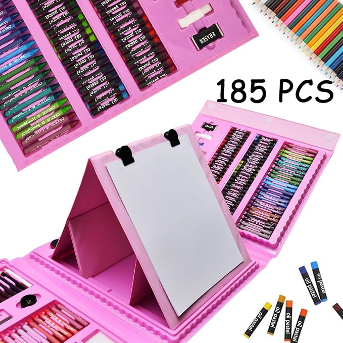Sunnyglade 185 Pieces Double Sided Trifold Easel Art Set Art Supplies Pink | Art Kit Drawing Art Box with Oil Pastels, Crayons, Colored Pencils, Markers, Paint Brush, Watercolor Cakes, Sketch Pad