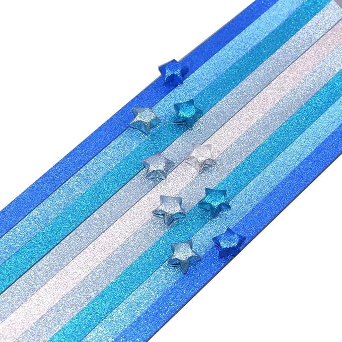 Origami Stars, Sparkling Origami, Star Colored Origami Strips, DIY Handmade Craft Paper (520 sheets of blue gradient glitter)