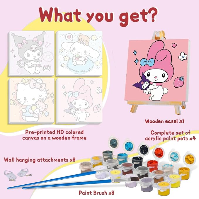 4 Pcs Cartoon Paint by Numbers Kit for Kids Ages 8-12 with Frame and Easel | Cute Kids Paint by Numbers Ages 4 8 12 for Girls Boys Gifts, Easy DIY Acrylic Oil Painting for Home Wall Decor (8x8 inch)
