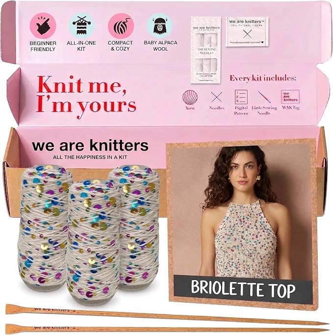 We Are Knitters Briolette Top Knitting Kit | Limited Edition DIY Knitting Kit for Women | Beginner-Friendly Top Kit with 3 Dancing Queen Opalite Cotton Yarn, Pattern & 1 Needles