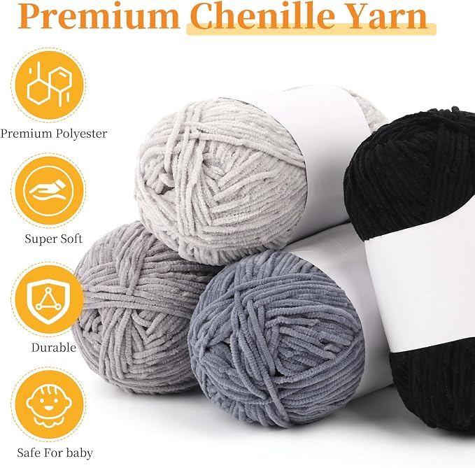Coopay Skinny Chenille Yarn for Crocheting & Knitting, Black & Grey | Crochet Yarn Set - 600g Total, Velvet Yarn for Colorful Crafts, Blankets, Plush Dolls, Decorative Handmade Works