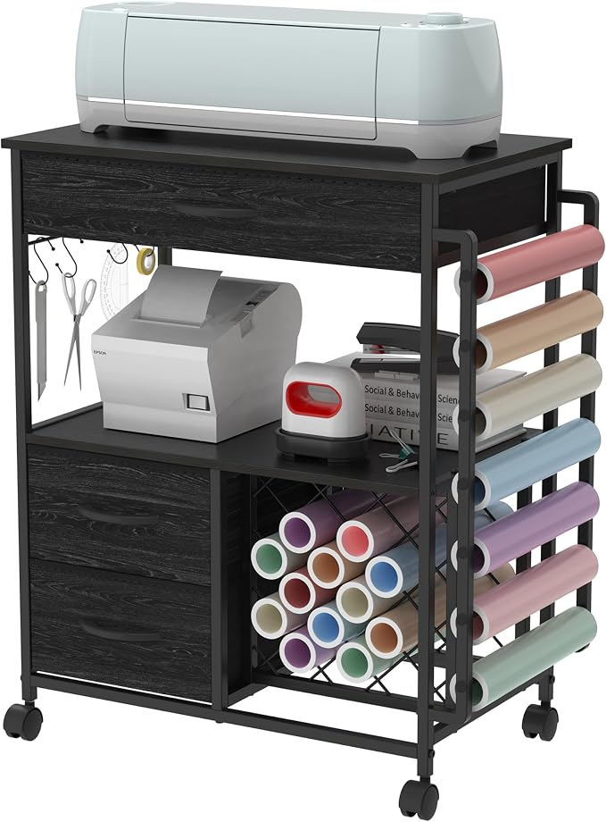 VENNQD Storage Cart Compatible with Cricut Machines Stand Cutting Machine Stand with Drawers and Vinyl Roll Holder Rolling Craft Cabinet Table for Cricut Craft Workstation for cart Craft Room (Black)