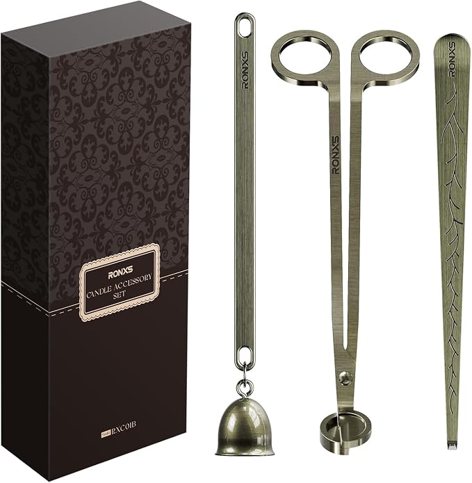 RONXS 3 in 1 Candle Wick Trimmer Set, Snuffer, Dipper, Cutter, Bronze | Candle Care Accessory Kit, Stainless Steel, Trims Wick, Puts out Flame and Dips, Gift Box for Candle Lovers Home Decoration