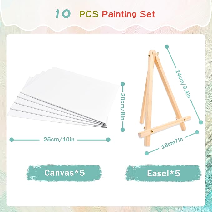 5 Pack 8x10 Canvas Boards with Easels for Painting, Sip and Paint Party Kit