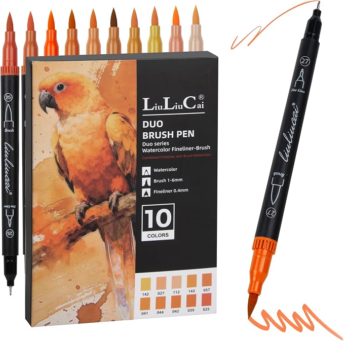 LIULIUCAI 10 Orange Dual Marker, Fine & Brush Tip Pen for Adult Coloring