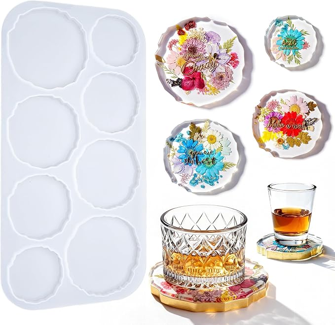 HeyClear 8-Cavity Coaster Resin Molds - 4 Different Diameter Wave Shaped Silicone Casting Molds for Epoxy Resin DIY Coasters & Resin Crafts