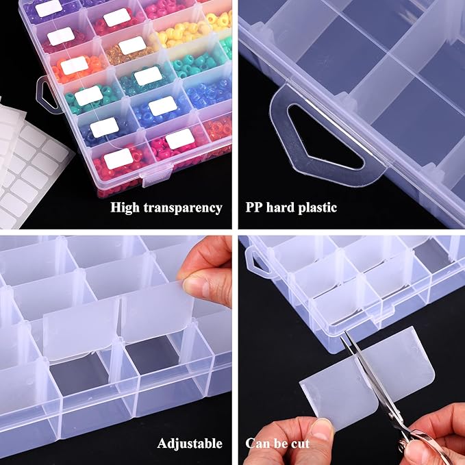 Bead Organizer Storage 8 Pack 36 Grid Jewelry Tackle Craft Box Adjustable | Clear Plastic, Adjustable Dividers, Label Stickers Included, for Beads Jewelry Crafts Fishing Tackle and Small Parts
