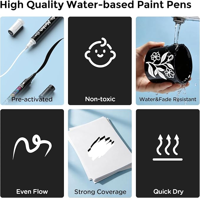 Betem 2 Black & White Paint Markers for Glass, Dual Tip Acrylic Paint Pens | Window, Fabric, Wood, Rock, Canvas, Acrylic Markers with Fine & Brush Tip, Art & Craft Supplies, Wine Glass Markers