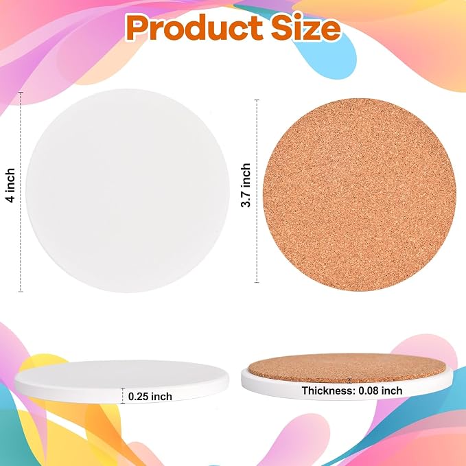24 Pcs Round Ceramic Tiles for Crafts 4x4 White Ceramic Coasters for Crafts with Cork Backing Pads Blank Unglazed Tiles for Painting, Alcohol Ink, Acrylic Pouring, DIY Coaster