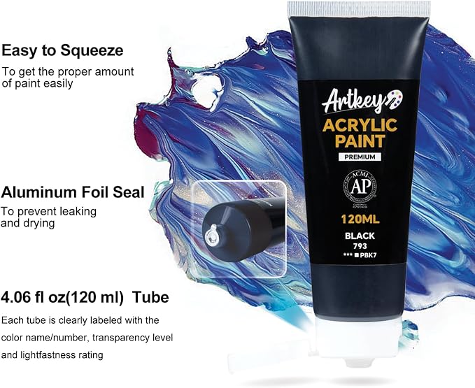 Artkey Acrylic Paint - Black (120 ml/4.06 oz) Tubes, Rich & Vibrant Pigments, Professional Artists Acrylic Paints - Art Supplies for Canvas Wood Rock Clay Fabric Ceramics Art Crafts Painting