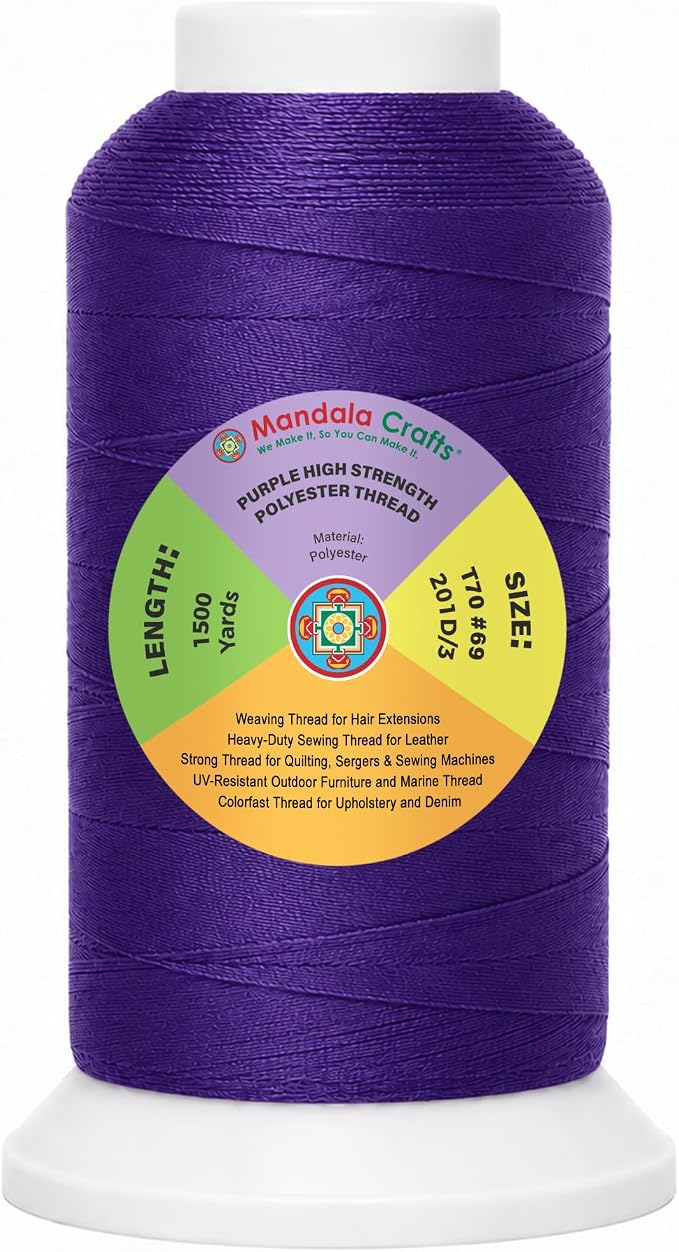 Mandala Crafts Purple Tex 70 Polyester Heavy Duty Thread for Upholstery | 1500 Yds T70 UV Resistant Strong Thread for Leather Sewing, Marine, Drapery, Jeans, Hair Weaving & Extension, Outdoor