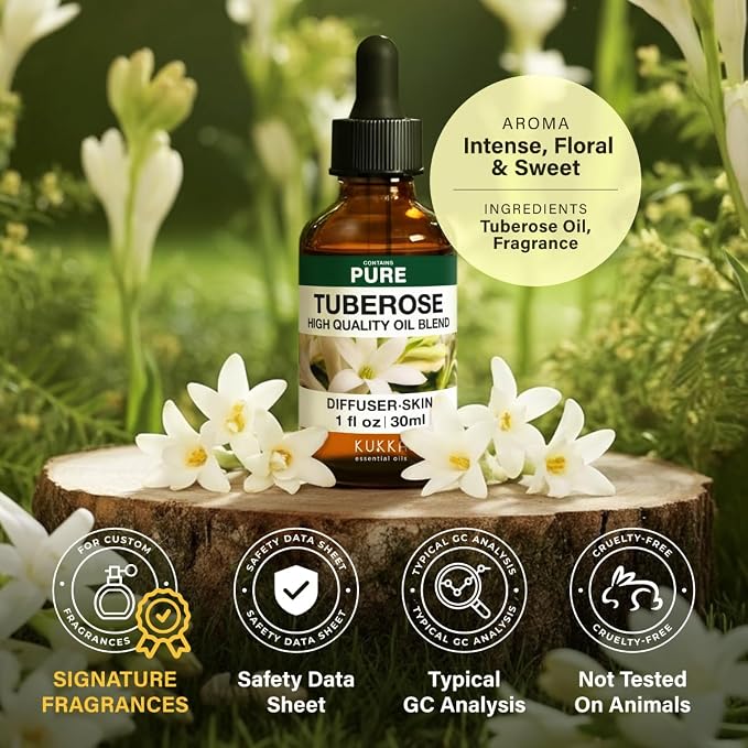 Kukka 100% Pure Tuberose Essential Oil for Skin, Diffuser, 1.02 Fl Oz | Undiluted Tuberose Oil for Perfume Making, Hair Care, Skin Care & Diffuser Aromatherapy with a Luxurious Floral Scent