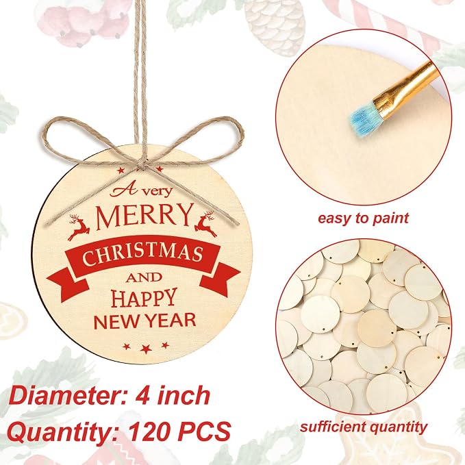Jetec 120 Pcs Wooden Circles with Holes Unfinished Round Discs for DIY Craft Painting, Engraving, Christmas Ornaments, Gift Tags, Wedding Decorations