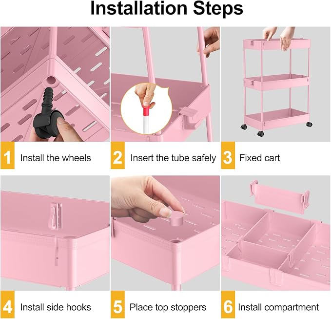 SPACELEAD 3 Tier Rolling Cart with Wheels, Storage Craft Art Trolley Organizer Serving, 3 Hanging Baskets Easy Assembly, for Office, Living Room, Kitchen, Pink