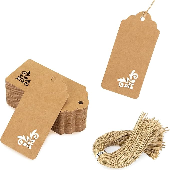 SALLYFASHION 100 PCS Gift Tags, 2X4 inch Kraft Paper Hollow | Stringsfor Wedding Bridal Party Favors Baby Shower
