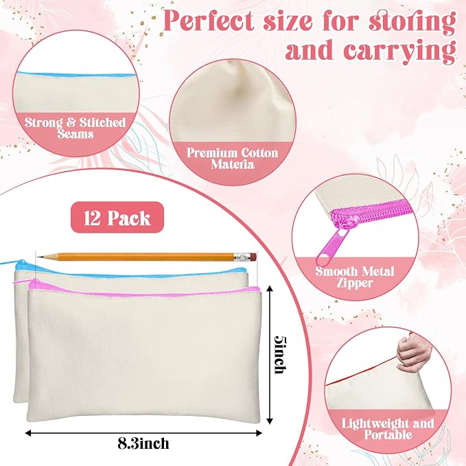 Legigo Blank Canvas Bags Zipper Pouch Makeup Bags Pencil Pouch Bulk | Multi-Purpose, Sturdy Canvas Pouch with Zipper, Cosmetic Travel Toiletry Bag for DIY Crafts, Gifts & Storage, 8.3 x 5 Inch
