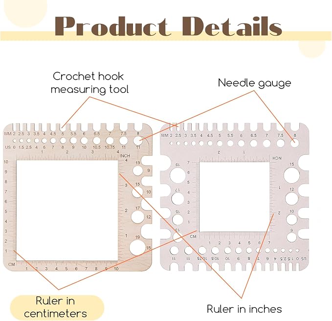 PEOVLVN 2 Pcs Crochet Gauge Measuring Tool, Crochet Stitch Counter Wooden Ruler Knitting Needle Gauge with Multi-Size Holes for Crafts Knitting & Crochet Supplies Accessories (Square)