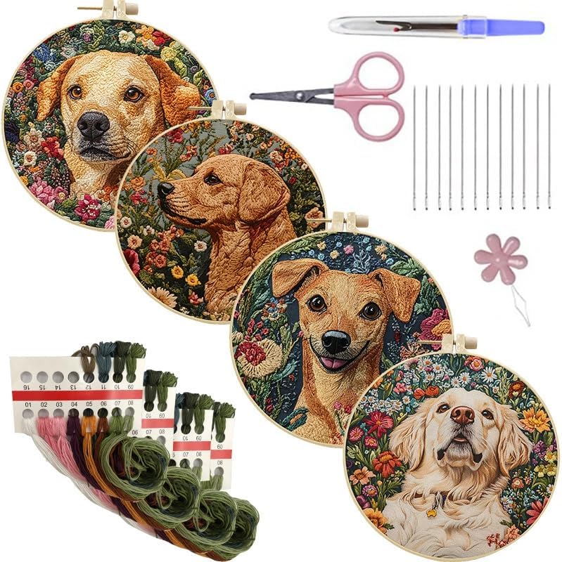 LB 4 Pack Cute Dog Flower Embroidery Kit for Beginners Funny Animal Beginner Embroidery Kit for Adults DIY Starter Kit with Embroidery Hoop Colorful Threads Tools Step by Step Instructions