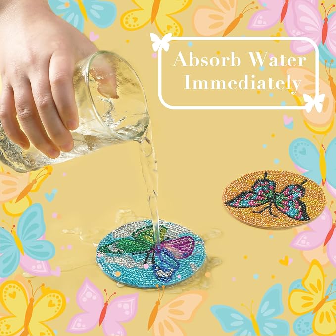UPINS 8Pcs Butterfly Diamond Art Painting Coasters for Drinks | DIY Life Coaster Diamond Art Kits ,for Adults Kids Beginners Diamond Art Craft Supplies