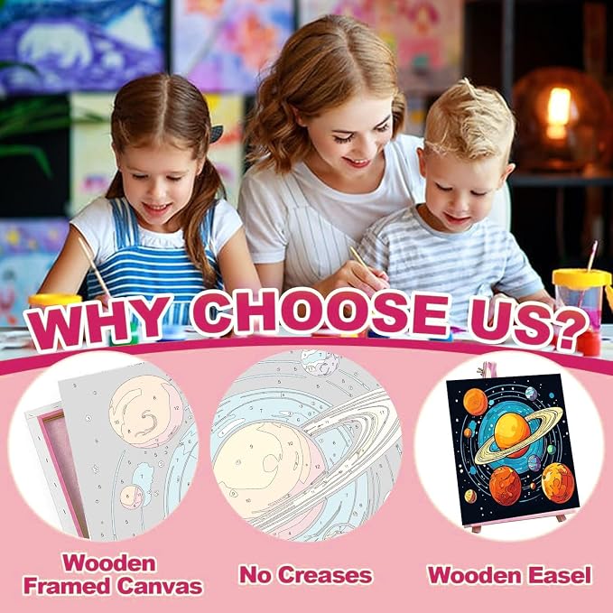 cviokrdu 4 Pack Paint by Numbers Kit for Kids with Frame - Wooden Easel, Outer Space Paint by Numbers for Kids Ages 4 8 12, Easy Astronaut Acrylic Oil Painting Kits for Home Wall Decoration 8x8 inch