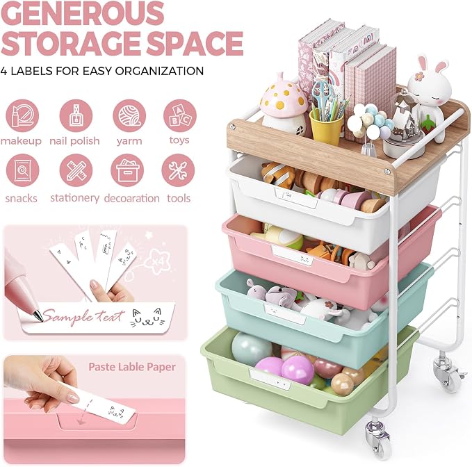 SYKIARIOL Rolling Craft Storage Cart with 4 Drawers,Kid Craft Cart,Colorful | Utility Cart with Drawers,Art Craft Organizers and Storage,Kids Art Cart With DIY Lable and Wooden Tabletop Area