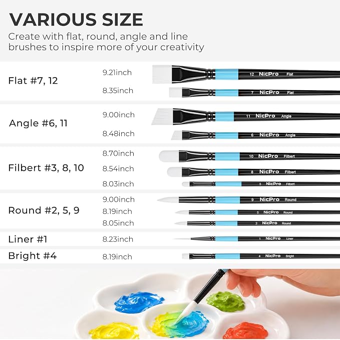 Nicpro 12pcs Artist Paint Brush Set, Paint Brushes for Acrylic Painting | Firm Synthetic Bristle Paintbrushes with Flat Round Filbert Angle Bright Liner for Oil Gouache, Tempera, Craft, Model, Fabric