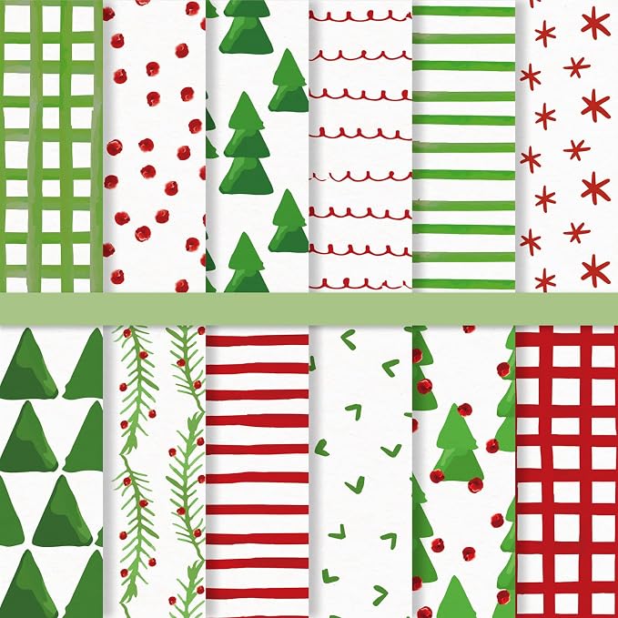 JarThenaAMCS 24 Sheets Christmas Pattern Paper Watercolor Xmas Tree Stripe Scrapbook Specialty Paper Double Sided Red Green Art Papers for DIY Crafts Supplies, 6 x 6 Inch