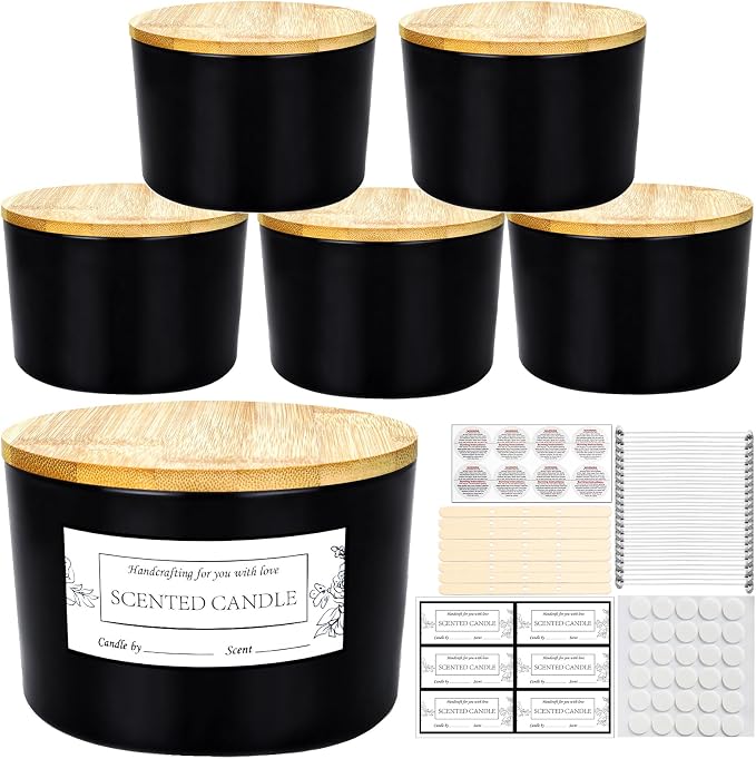 CONNOO 6 Pack 24oz Matte Black Glass Candle Jars with Airtight Bamboo Lids