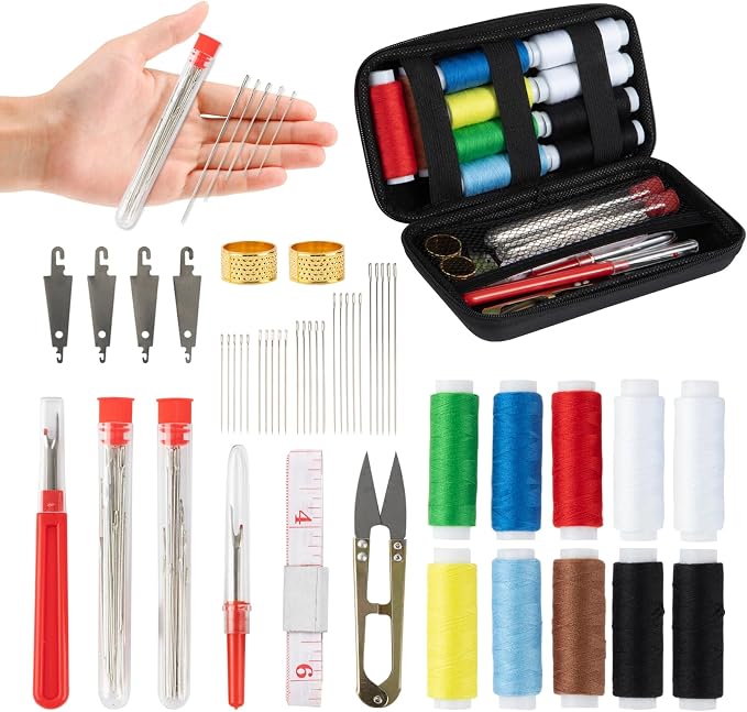 ZMLLAYE 72 Pcs Big Eye Sewing Needles Kit, Stainless Steel Hand Sewing Set | sewing kit with big eye needles, threads, thimbles, threader and storage bag for embroidery, crafts, and repairs.