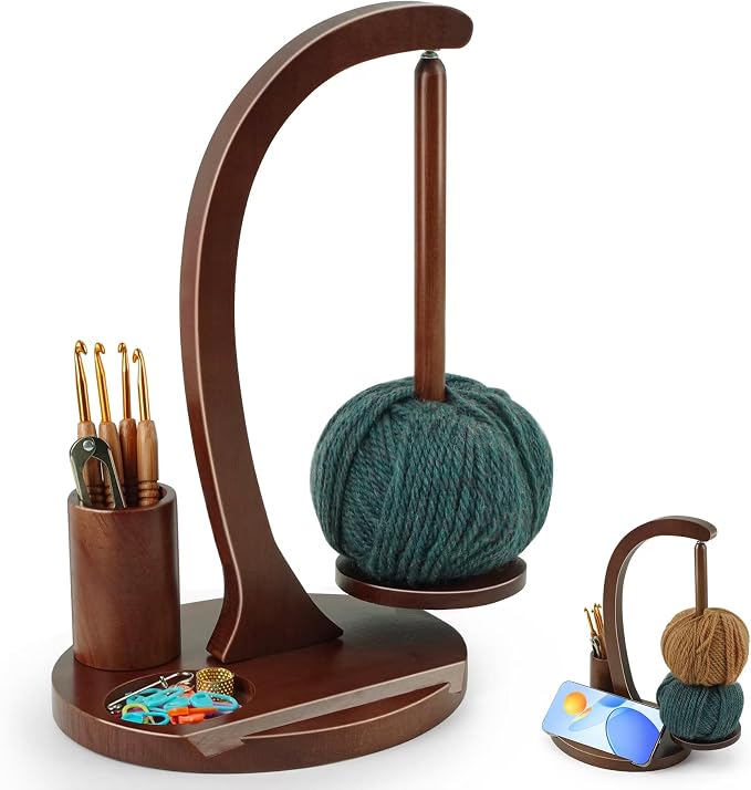 Sewovvmu Crochet Yarn Holder, Yarn Spinner for Crocheting with Phone Stand & Crochet Accessories Storage, Crochet Gift for Knitting Lovers (Brown)