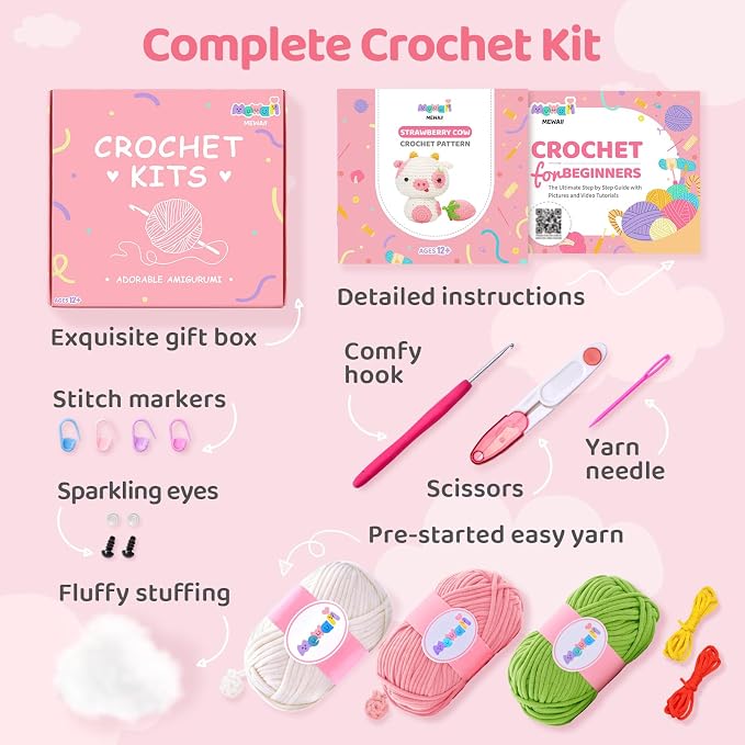 Mewaii Strawberry Cow Crochet Kit for Beginners, 40% Extra Yarn | Video Tutorial, Pre-Started Piece, Gift Box, Level 1 Starter Kit, Family Craft for Adults, Kids & Beginners