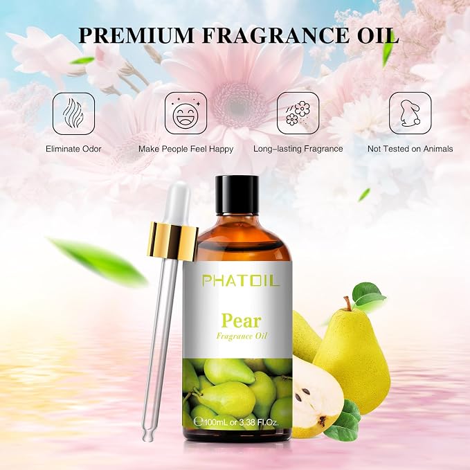 PHATOIL Pear Fragrance Oil for Diffuser Aromatherapy 3.38FL.OZ | Long Lasting Scented Oils For Humidifier, Air Freshener, DIY Soap Candle, Scent Project Making, Aroma Oil for Home Freshening
