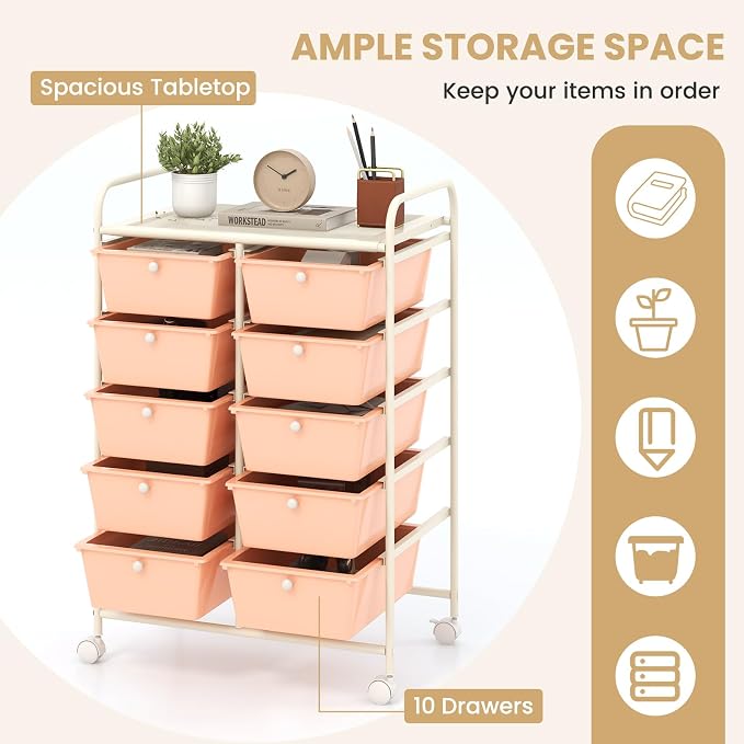 LDAILY 10 Drawer Rolling Cart, Storage Cart Organizer on Wheels, Drawer Cart with Metal Frame & Large Storage Capacity, Rolling Cart with Drawers for Living Room Classroom, Office